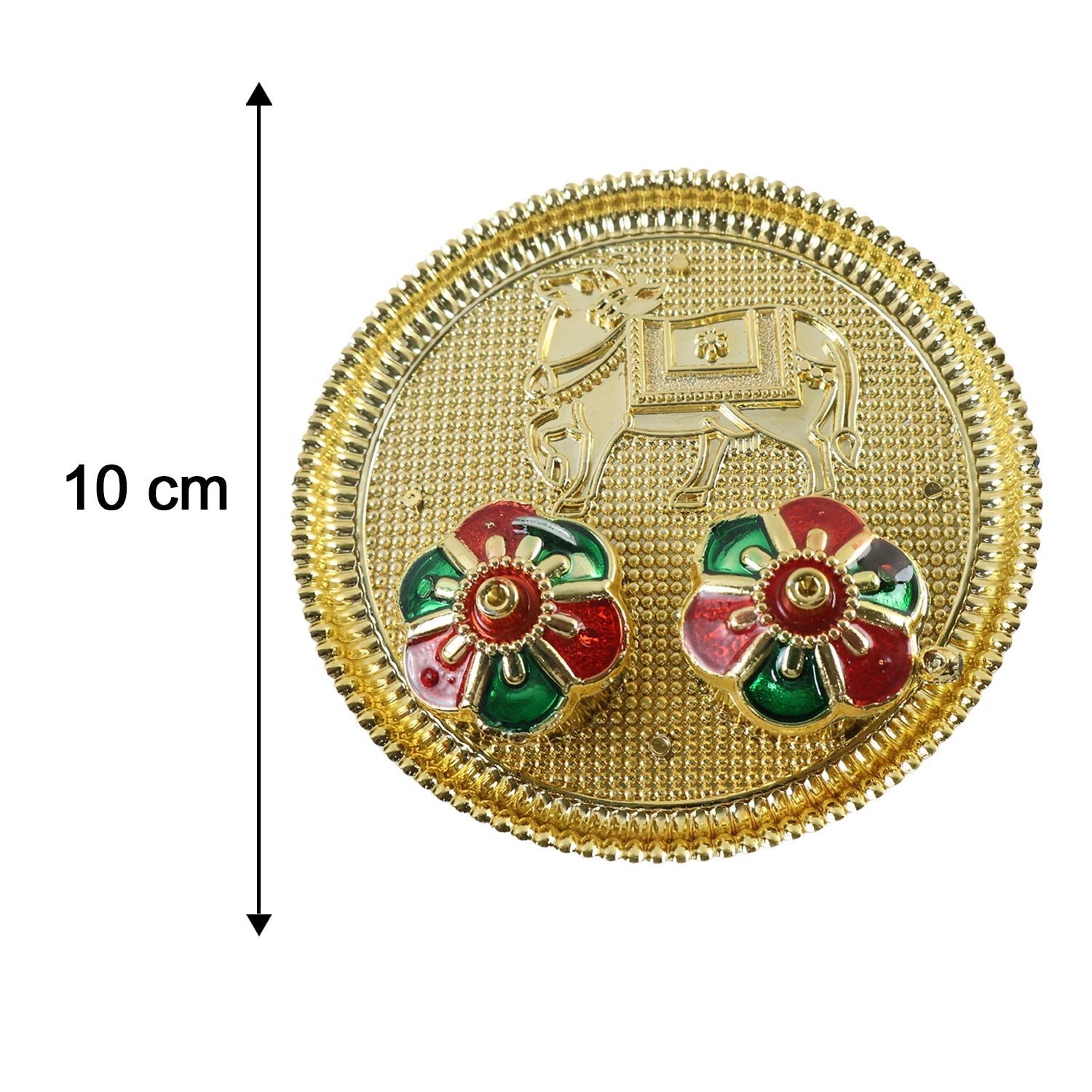 Golden pooja thali with cow motif for tilak and rituals